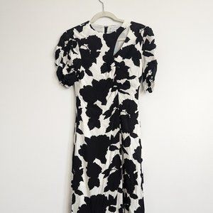 black and white casual asymmetric cut out split midi dress zipper